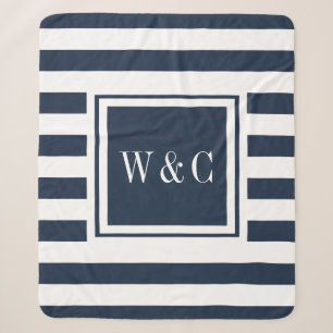 Modern Monogram Navy Blue White Stripe Sherpa Blanket