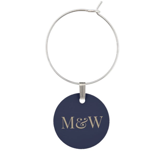 Modern Monogram Navy Wedding Bride Groom Couple Wine Charm (Front)