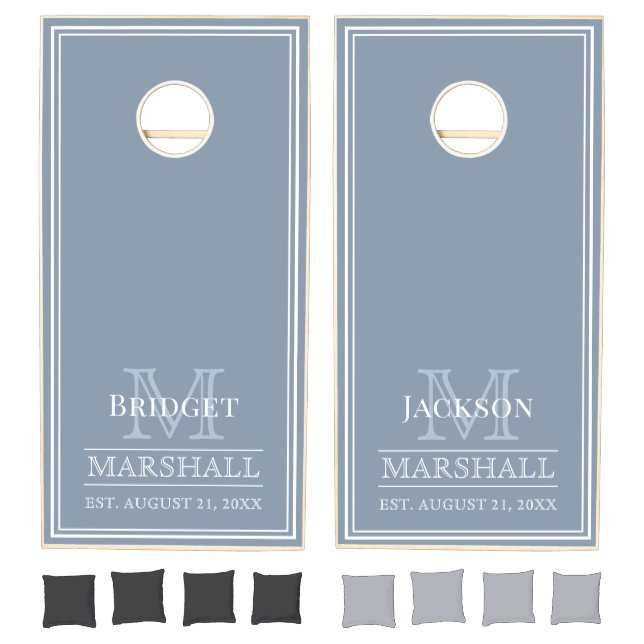 Modern Monogram Newly Wed Couple Dusty Blue White Cornhole Set (Set)