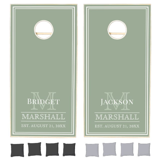 Modern Monogram Newly Wed Couple Sage Green Cornhole Set (Set)
