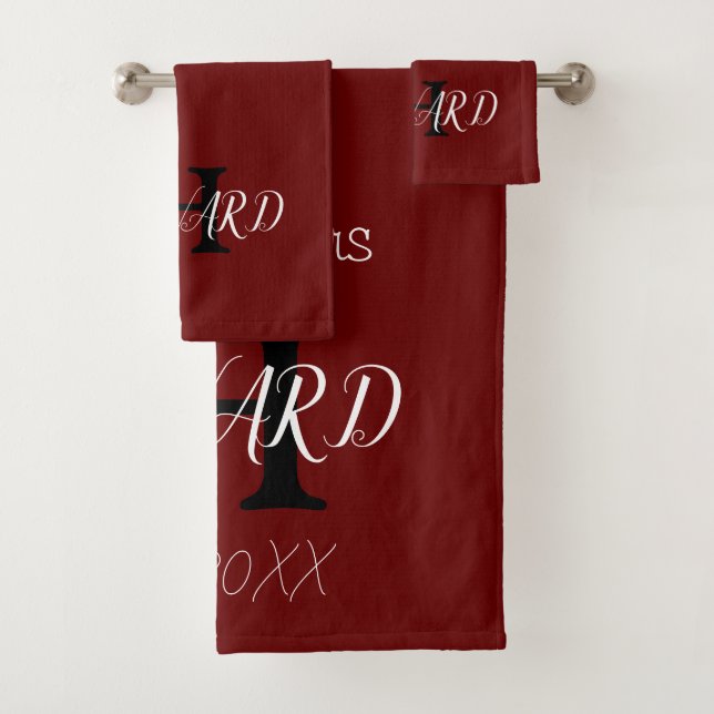 Modern Monogram Newlyweds Burgundy Red Black White Bath Towel Set (Insitu)