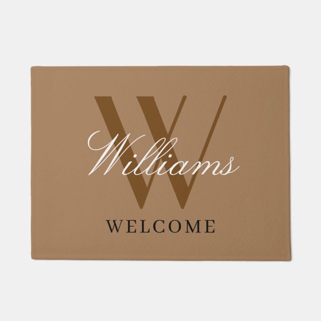 Modern Monogram Newlyweds Khaki Name Wedding Doormat (Front)