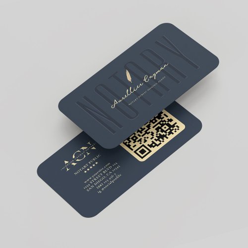 Modern Monogram Notary Elegant Dark Blue Quill QR Business Card