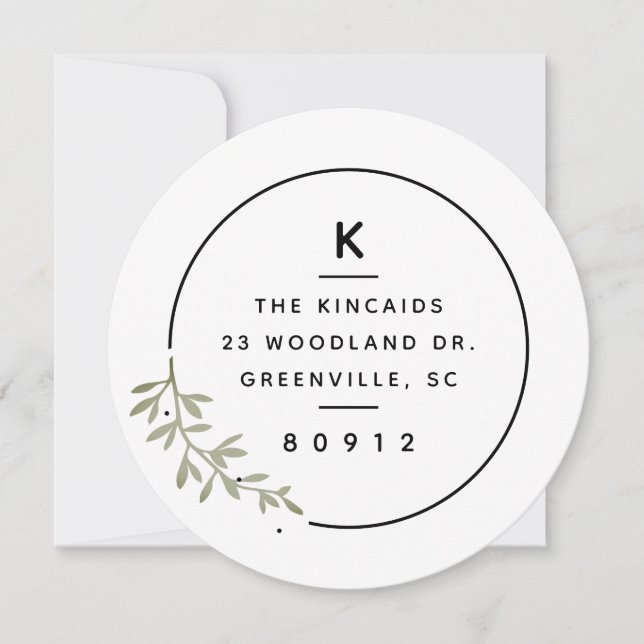 Modern monogram olive branch wreath new address invitation (Front)