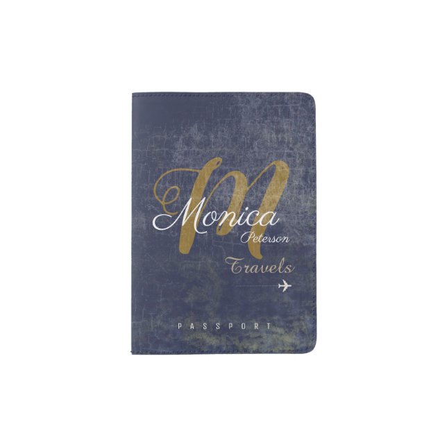 modern monogram on aged blue passport holder (Front)