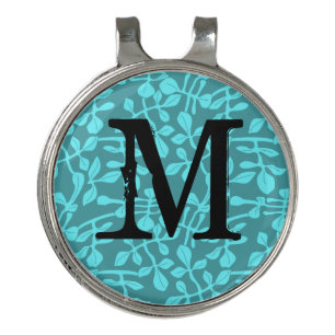 Modern Monogram on Aqua Leaves Golf Hat Clip
