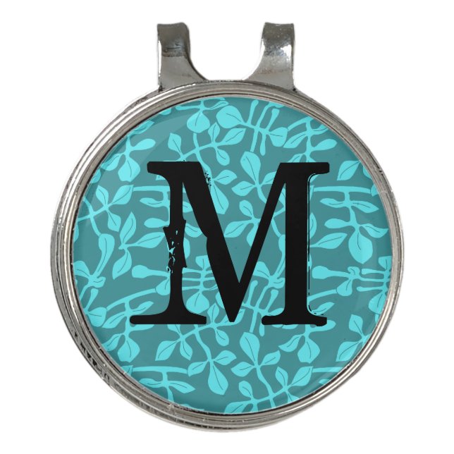 Modern Monogram on Aqua Leaves Golf Hat Clip (Front)