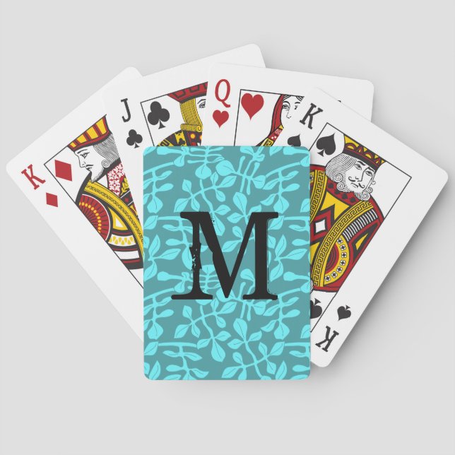 Modern Monogram on Aqua Leaves Poker Cards (Back)