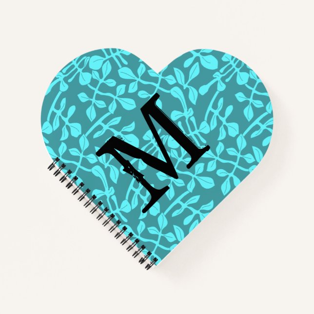Modern Monogram on Aqua Stylized Leaves Notebook (Front)