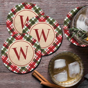 Modern Monogram on Christmas Plaid Round Paper Coaster