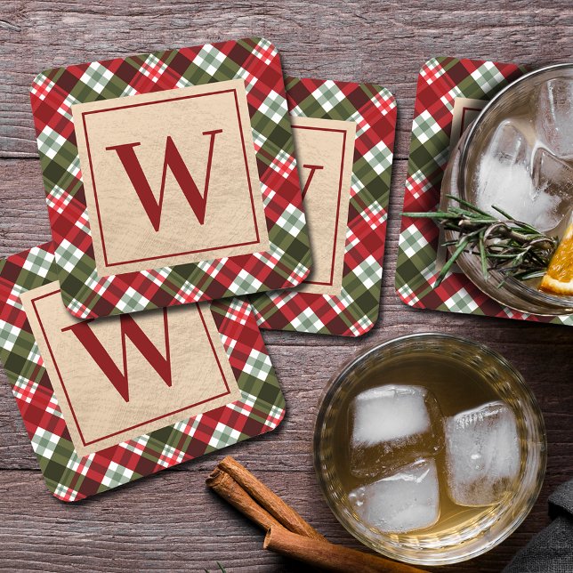 Modern Monogram on Christmas Plaid Square Paper Coaster (Creator Uploaded)