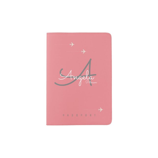 modern monogram on pink feminine travel passport holder (Front)