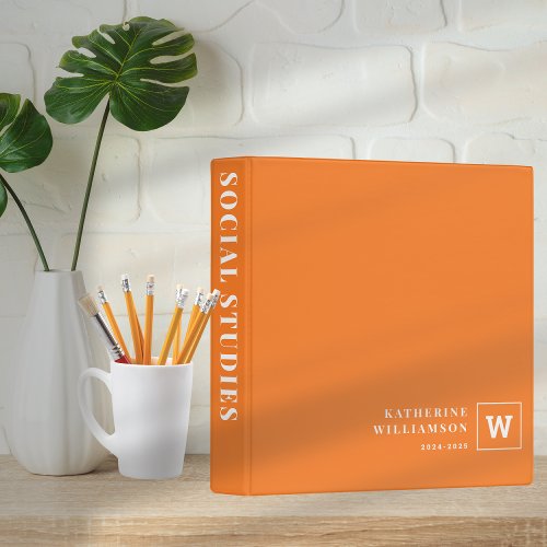 Modern Monogram Orange Custom Name Subject Student 3 Ring Binder