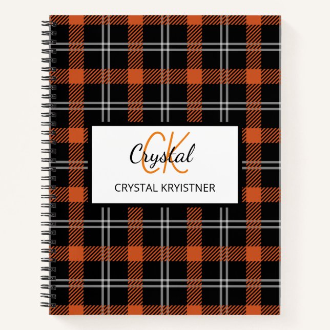 Modern Monogram Orange Fall Plaid  Notebook (Front)