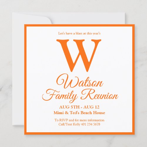 Modern Monogram Orange Stripes Family Reunion Invitation