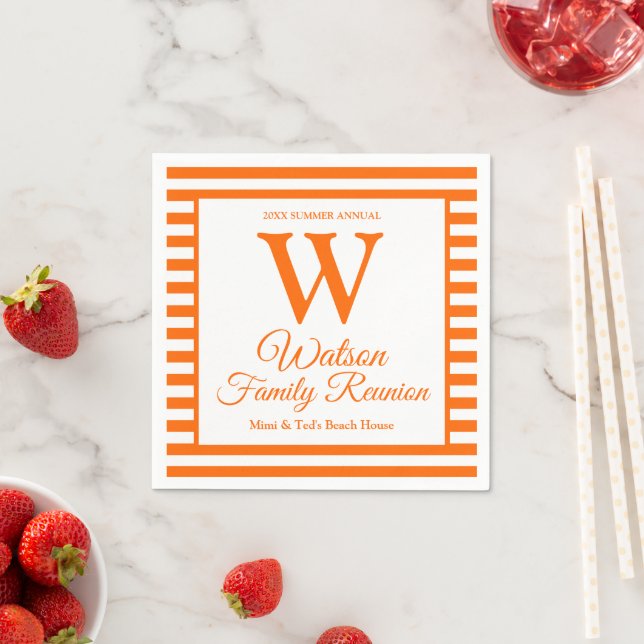 Modern Monogram Orange Stripes Family Reunion Napkins (Insitu)