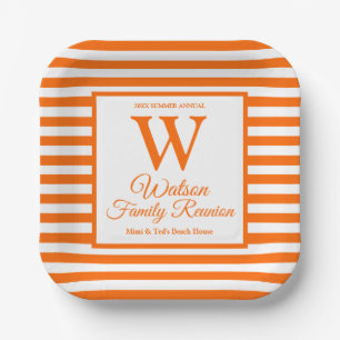 Modern Monogram Orange Stripes Family Reunion Paper Plates