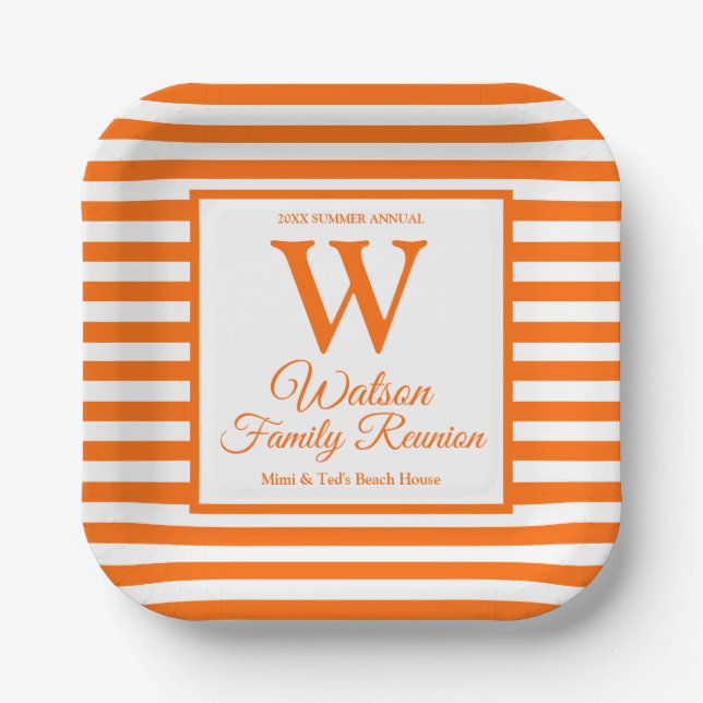 Modern Monogram Orange Stripes Family Reunion Paper Plates (Front)