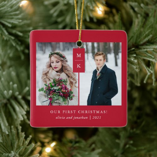 Modern Monogram  Our First Christmas with Photos Ceramic Ornament