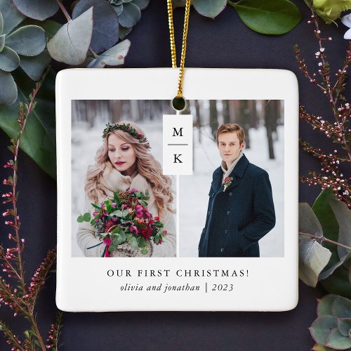 Modern Monogram  Our First Christmas with Photos Ceramic Ornament