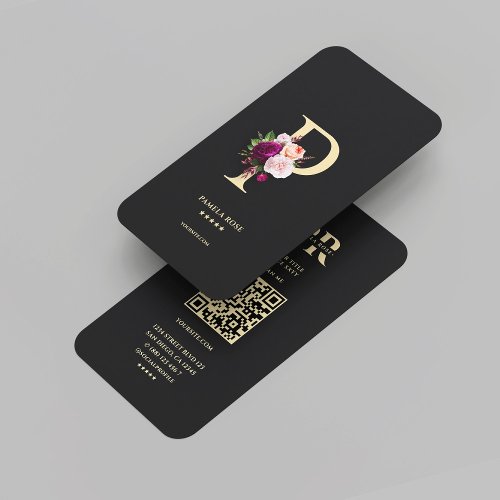 Modern Monogram P Elegant Floral Black Gold  Business Card