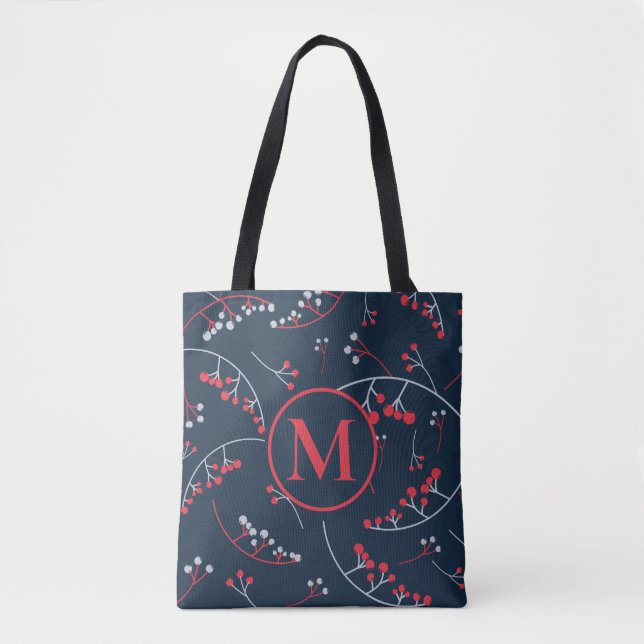 Modern monogram pale gray red berry pattern tote bag (Front)