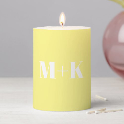 Modern monogram pale yellow custom couple initials pillar candle