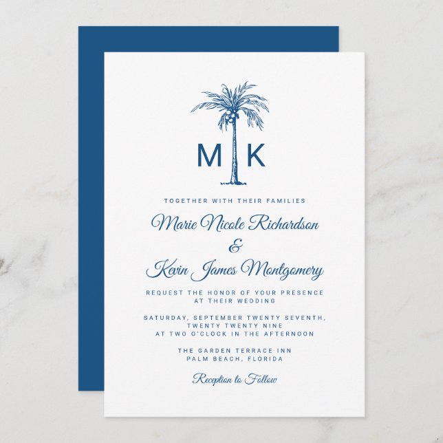 Modern Monogram Palm Tree Formal Beach Wedding Invitation (Front/Back)