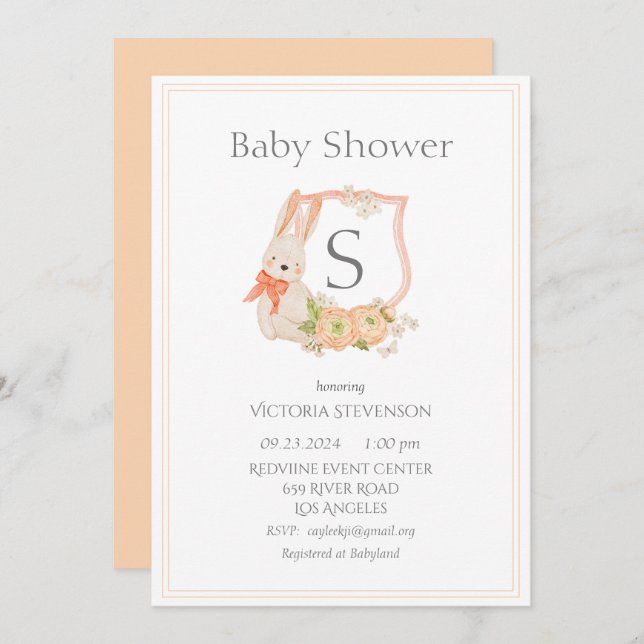 Modern Monogram Peach Crest Bunny Baby Invitation (Front/Back)