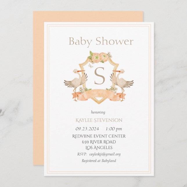 Modern Monogram Peach Crest Storks Baby  Invitation (Front/Back)