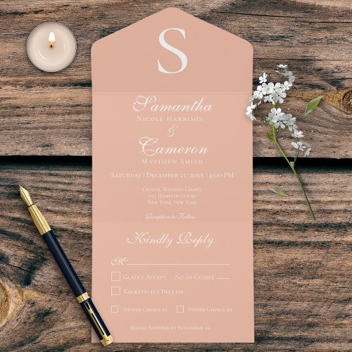 Modern Monogram Peach Dinner All In One Invitation