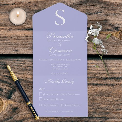 Modern Monogram Periwinkle Dinner All In One Invitation