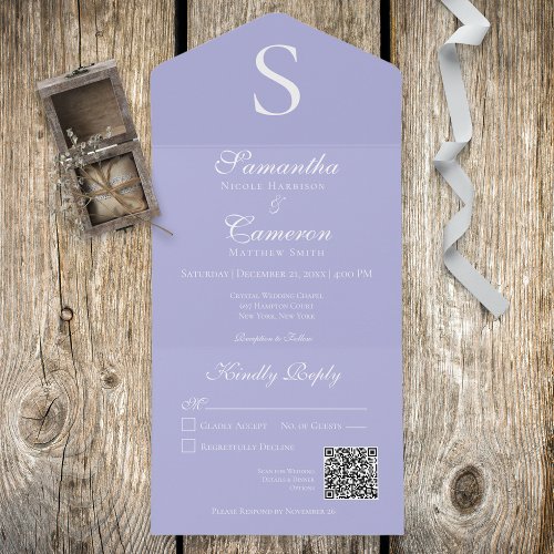 Modern Monogram Periwinkle QR Code All In One Invitation