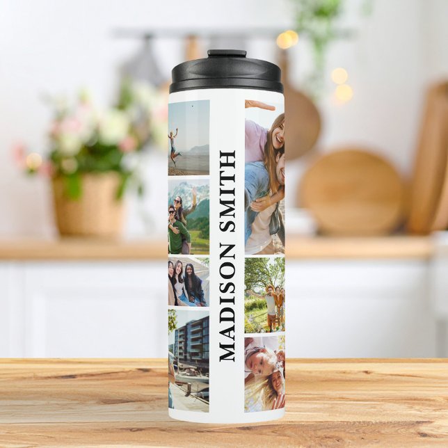 Modern Monogram Personalized 12 Photo Collage Thermal Tumbler (Creator Uploaded)