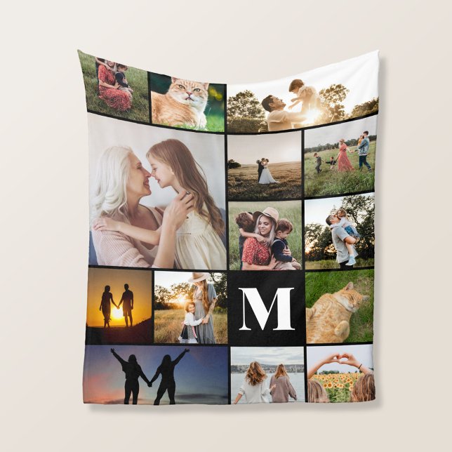 Modern Monogram Personalized 14 Photo Collage Fleece Blanket (Creator Uploaded)
