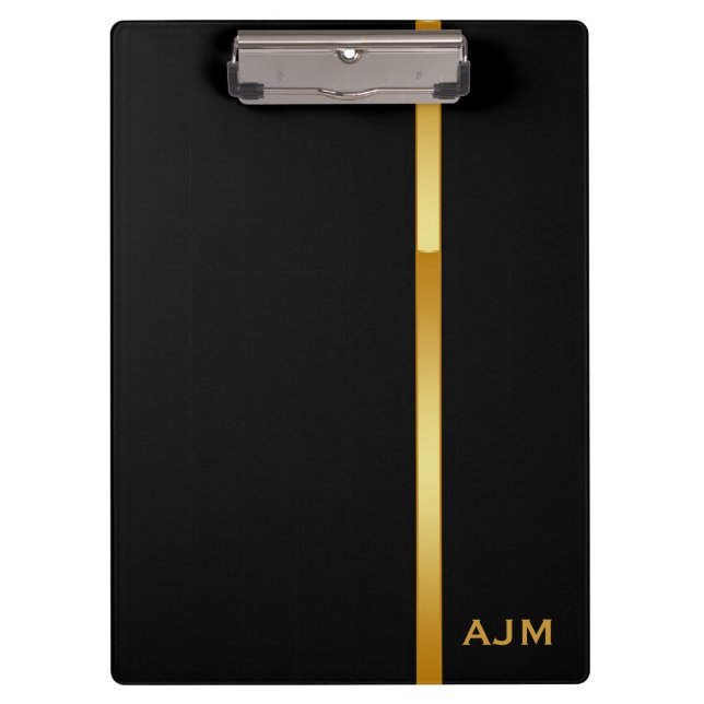 Modern Monogram Personalized Black and Gold Clipboard (Front)