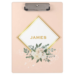 Modern Monogram Personalized Floral Gold Clipboard