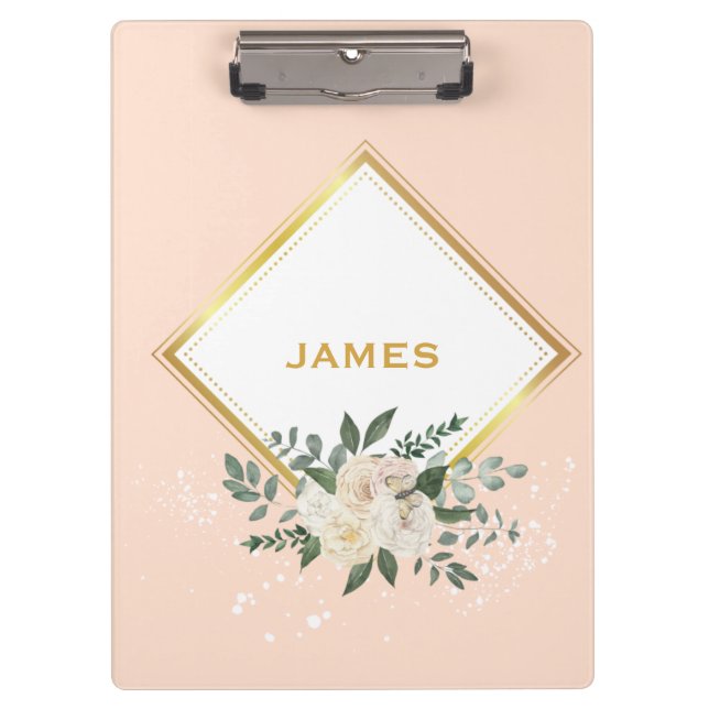Modern Monogram Personalized Floral Gold Clipboard (Front)