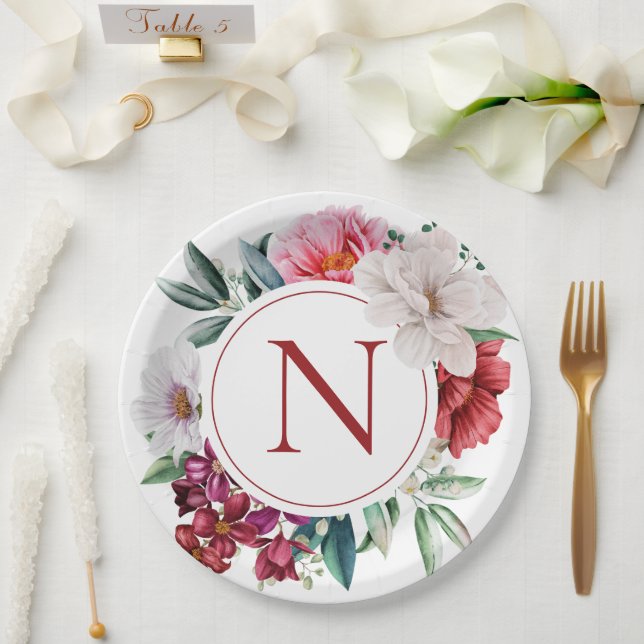 Modern Monogram Personalized Floral  Paper Plates (Wedding)