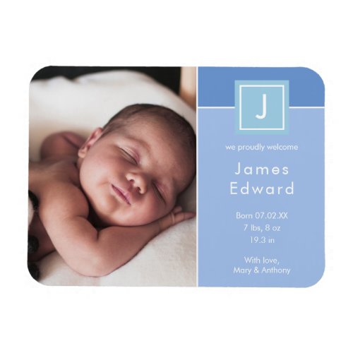 Modern Monogram Photo Baby Boy Birth Announcement Magnet