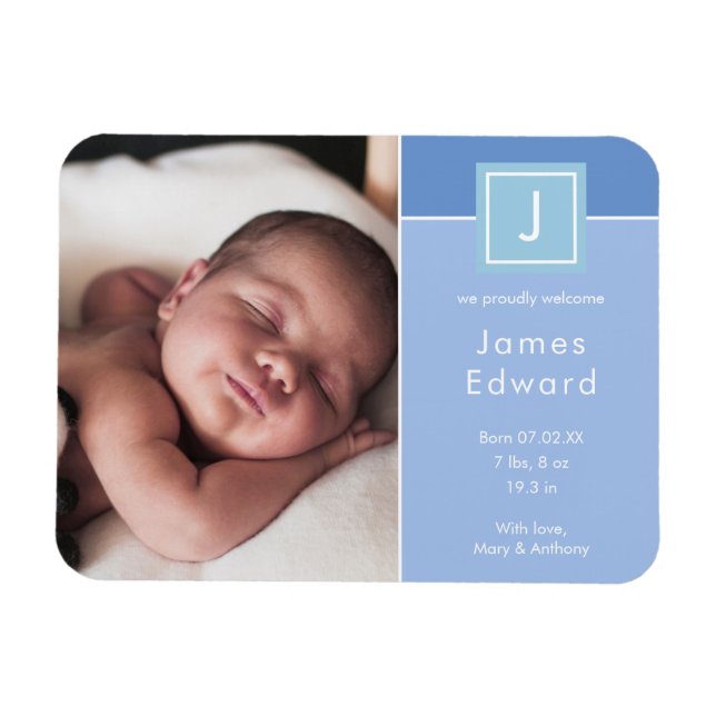Modern Monogram Photo Baby Boy Birth Announcement Magnet (Horizontal)