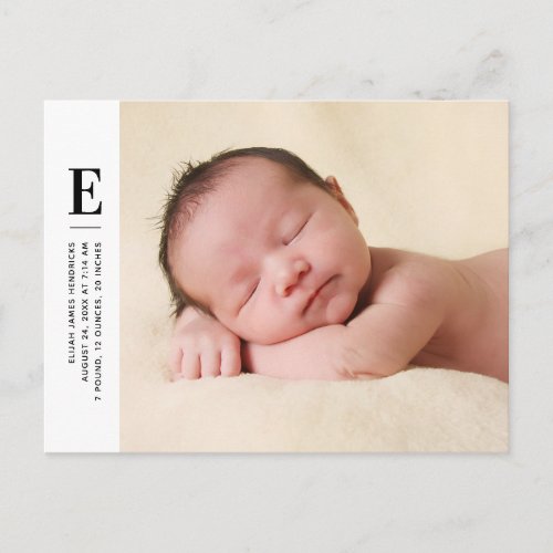 Modern Monogram Photo Birth Announcement Postcard