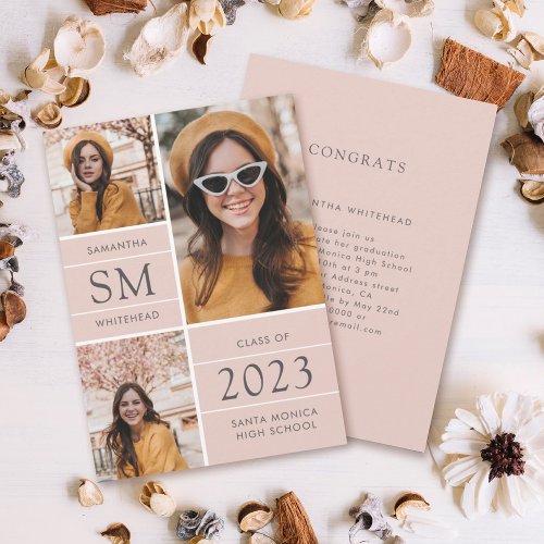 Modern Monogram Photo Collage Blush Graduation Announcement