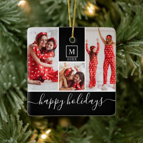 Modern Monogram Photo Collage Happy Holiday Ceramic Ornament