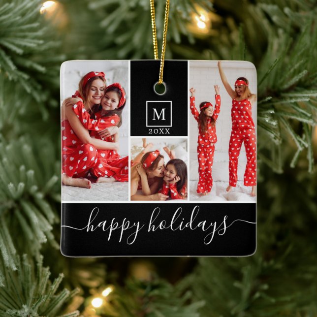 Modern Monogram Photo Collage Happy Holiday Ceramic Ornament (Tree)