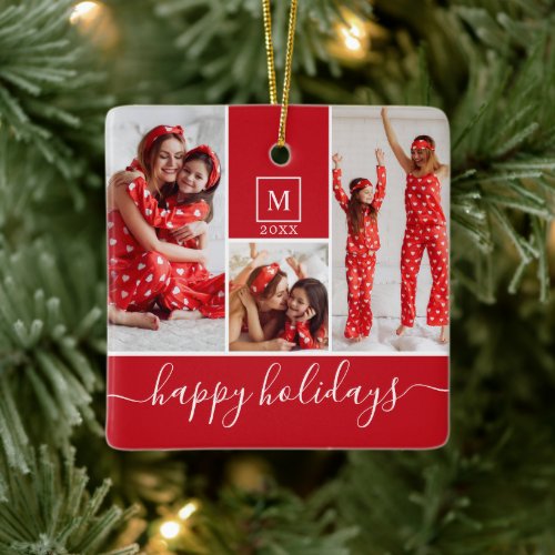 Modern Monogram Photo Collage Happy Holiday Red Ceramic Ornament