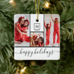 Modern Monogram Photo Collage Happy Holiday White Ceramic Ornament<br><div class="desc">Decorate your tree with this modern monogram photo ornament. This design features 3 slots for photos and happy holidays in a hand-lettered script.</div>