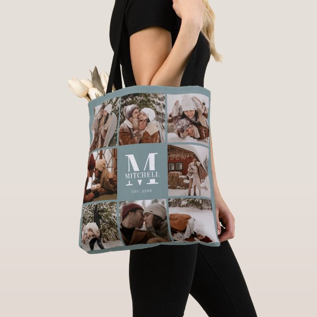 Modern Monogram & Photo Collage Personalized Sage  Tote Bag (Close Up)