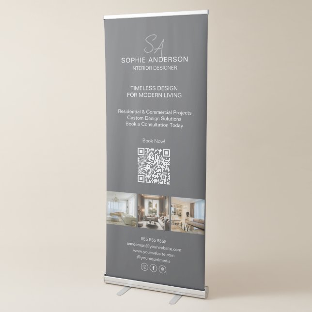 Modern Monogram Photo Gray Professional Business Retractable Banner (3/4)