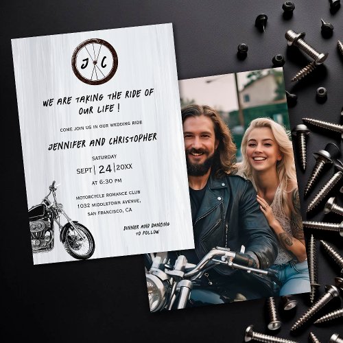 Modern Monogram Photo Motorcycle Adventure Wedding Invitation